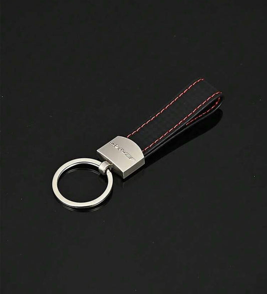 Premium Carbon Fibre Style Car Keychain – Black with Red Stitching