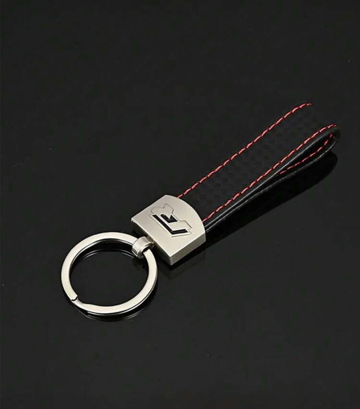 Premium Carbon Fibre Style Car Keychain – Black with Red Stitching