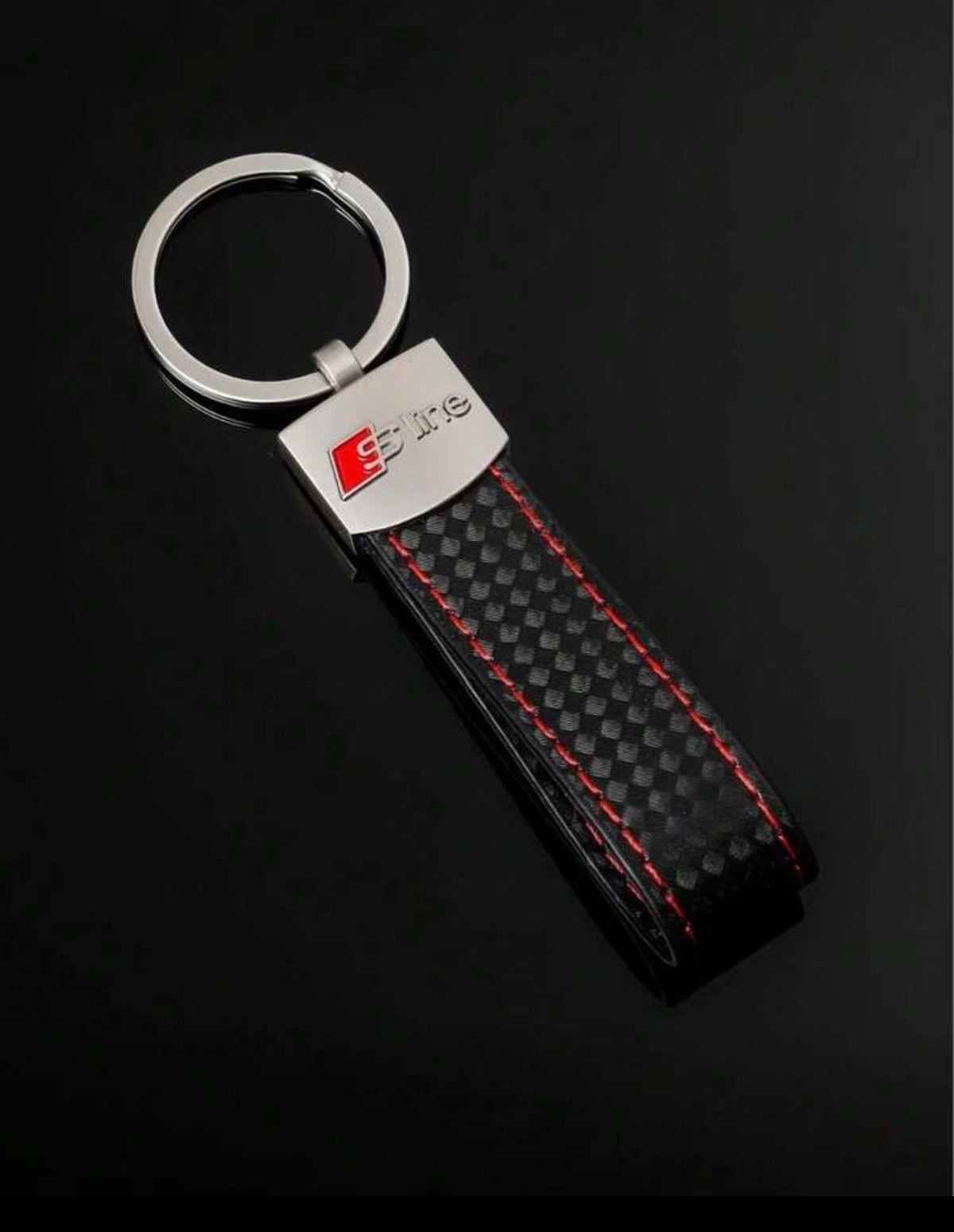 Premium Carbon Fibre Style Car Keychain – Black with Red Stitching