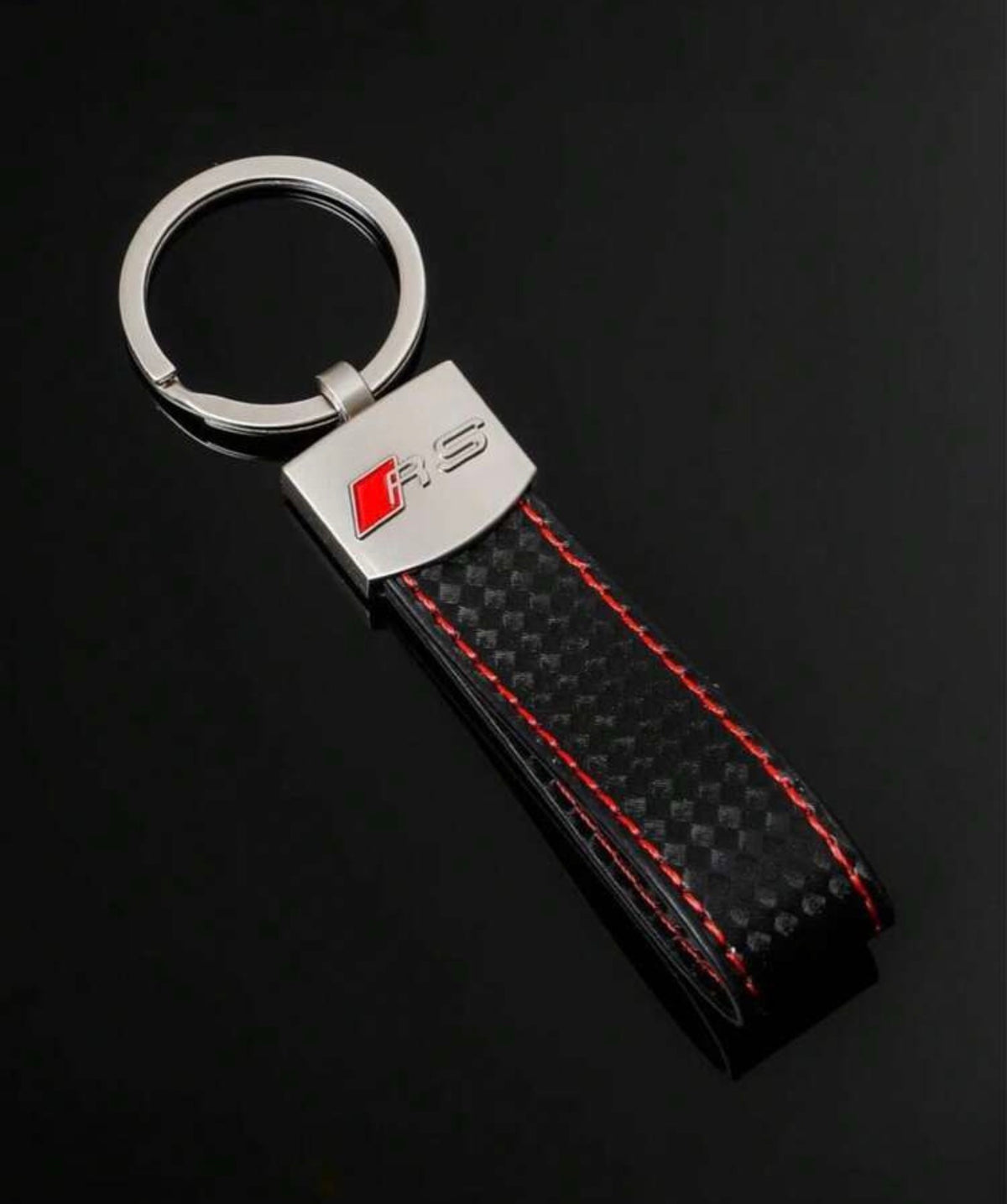 Premium Carbon Fibre Style Car Keychain – Black with Red Stitching